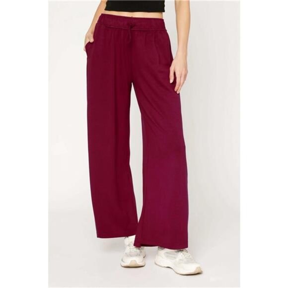 Umgee Elastic Drawstring Waistband Wide Leg Pants - Picture 1 of 3